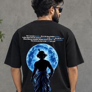 Lord Krishna Oversized T-Shirt for Men and Women | Traditional Hare Krishna Krishnan Devotee Flute & Peacock Feather Graphic Printed T Shirt | Spiritual Hindu God Streetwear Tshirt